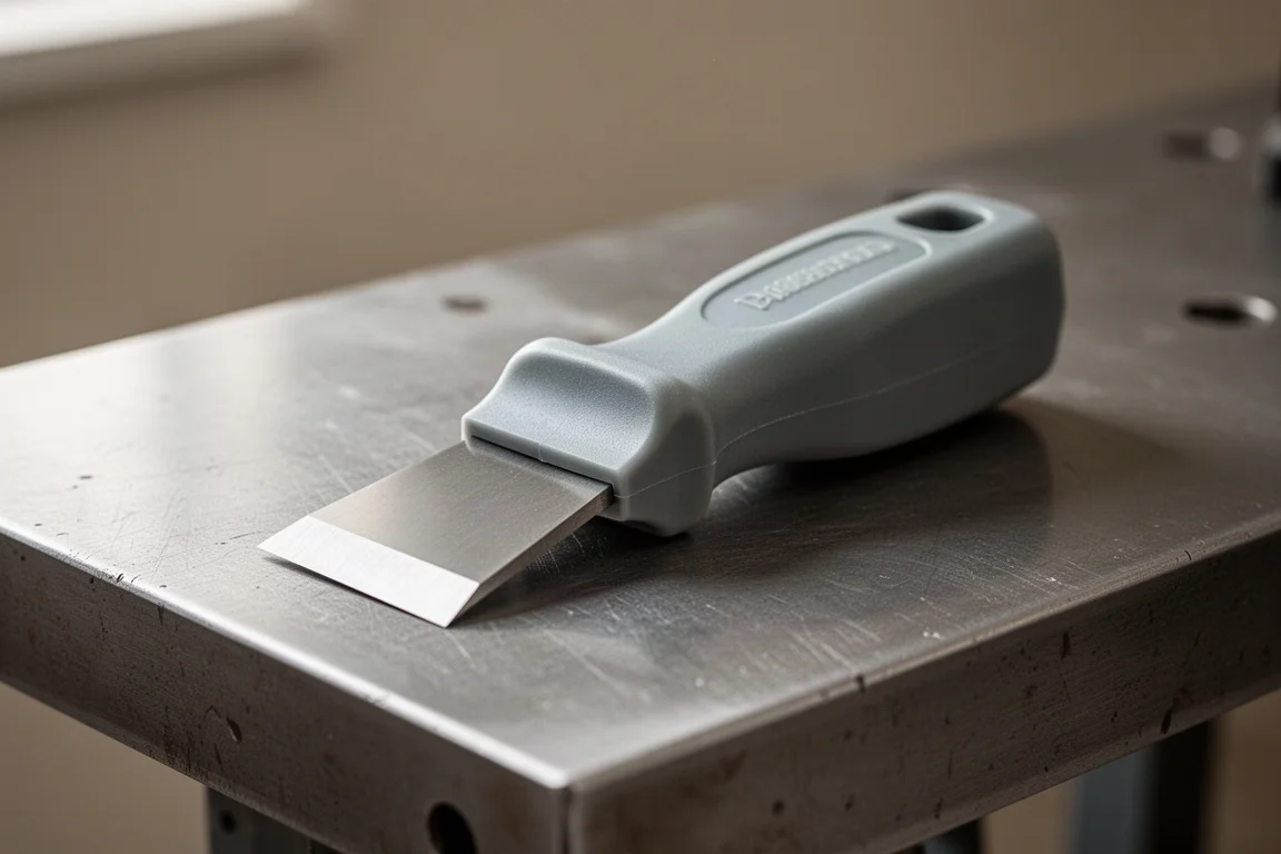 Petit ciseau racloir compact en plastique avec manche épais posé sur une surface métallique