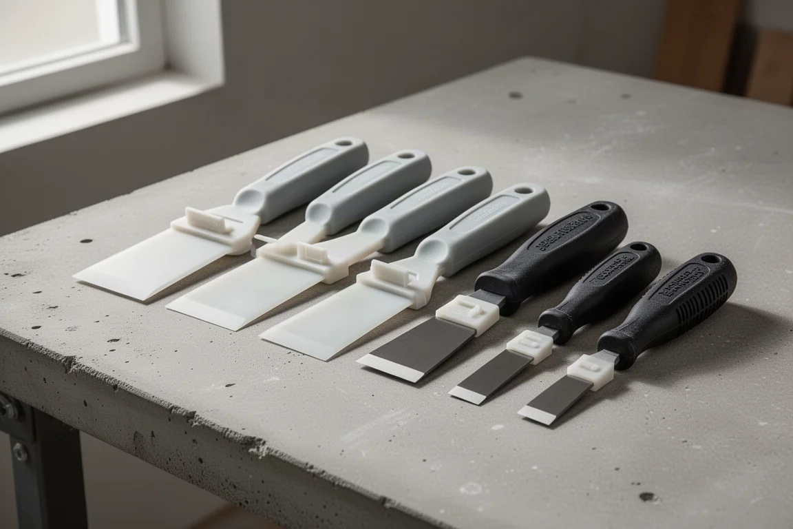 Assorted non-marring plastic scraper chisels arranged on a concrete workbench