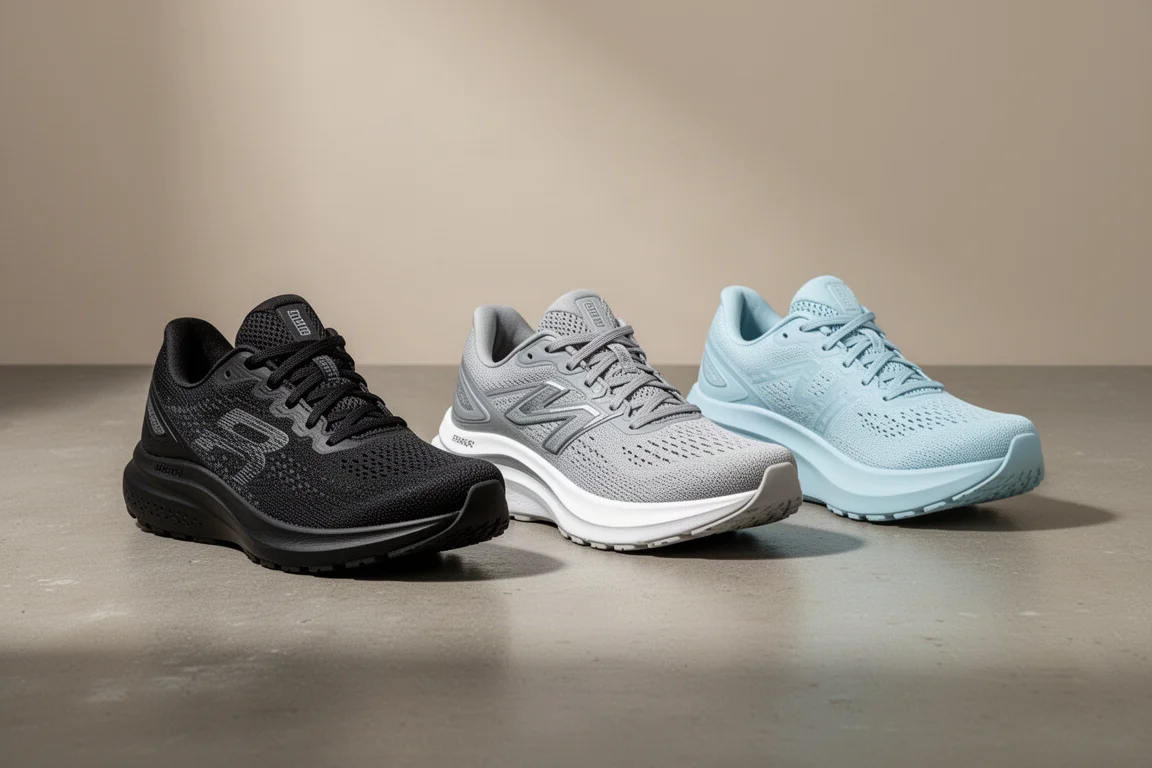 Three daily trainer running shoes lined up on a concrete surface