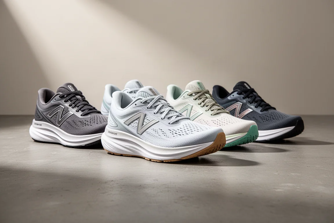 Four lightweight running shoes arranged in a row on a grey concrete surface