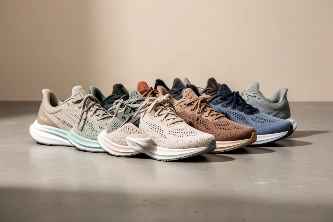 Eight lightweight running shoes arranged in a line on concrete