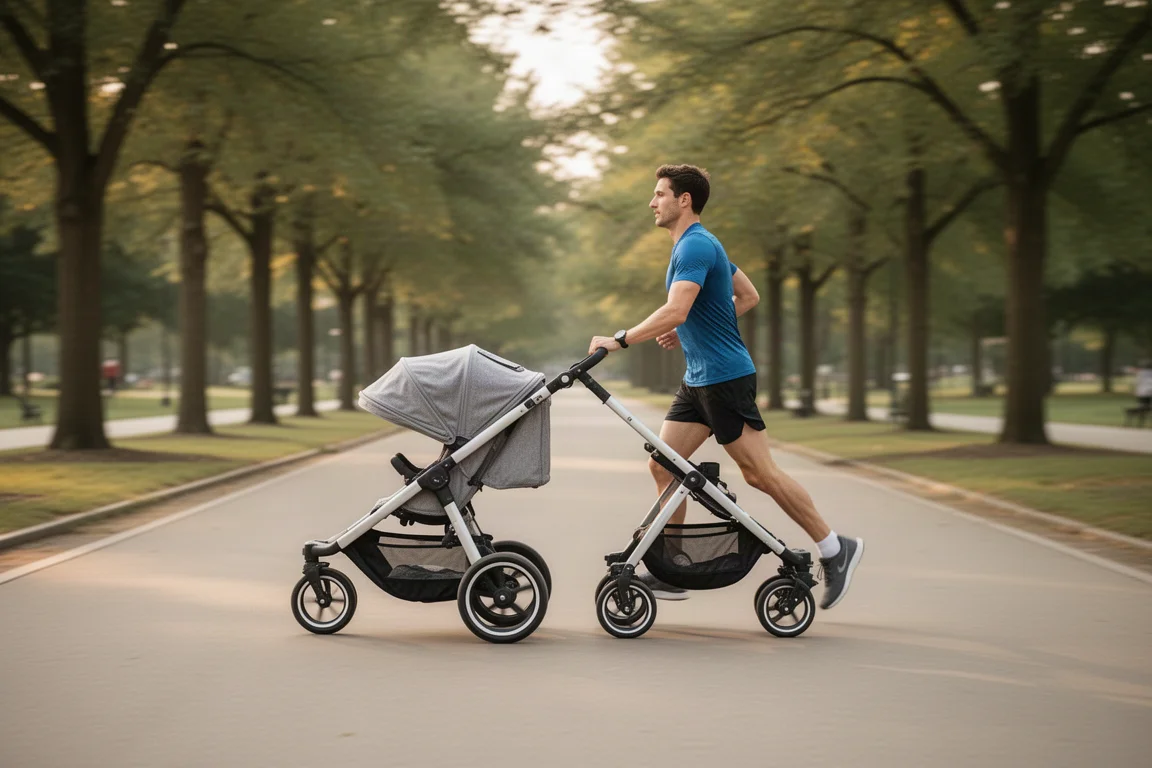 Hardloper duwt een joggy-stroller over een verhard parkpad