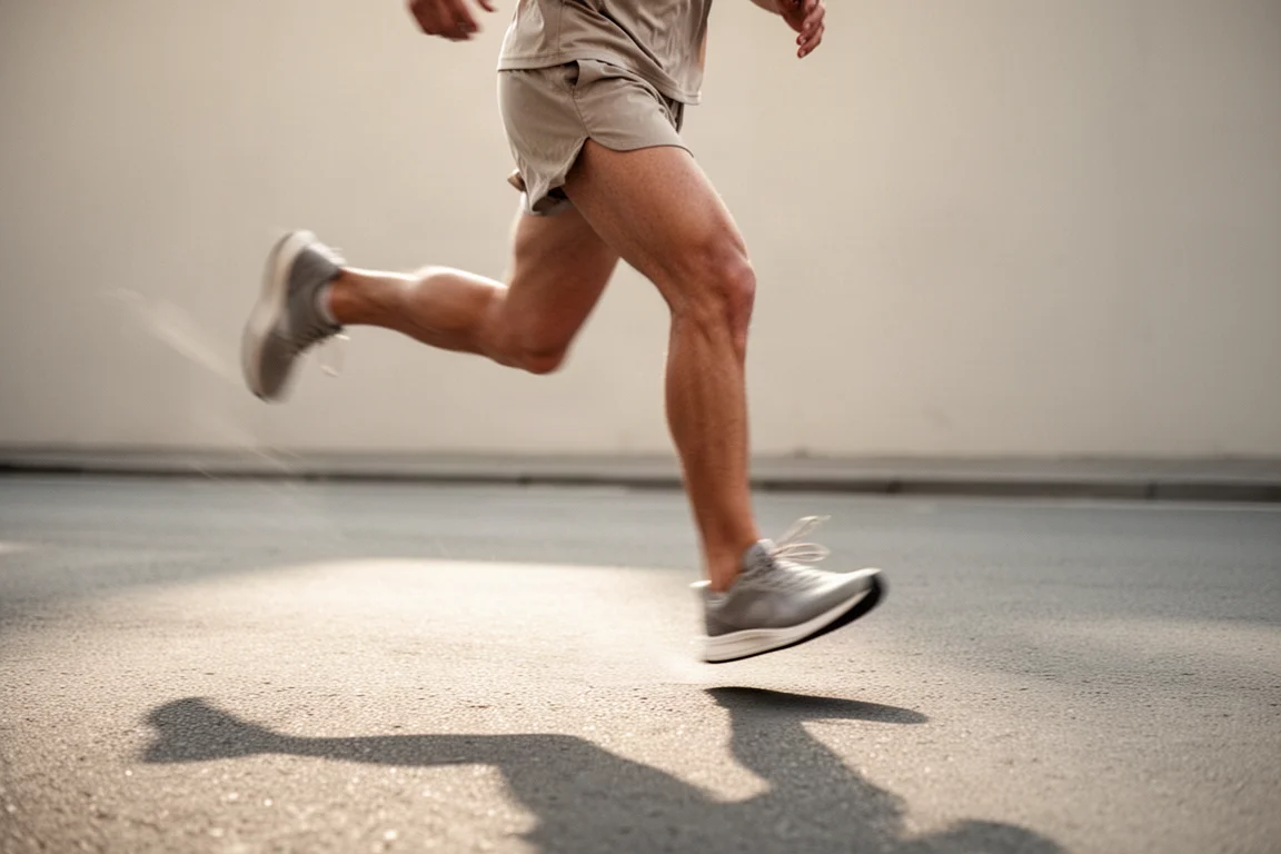 Coureur en pleine foulée lors d'un tempo run sur asphalte lisse sous une lumière douce