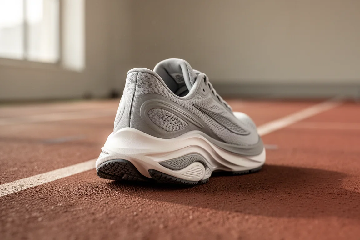 Gros plan sur l'amorti intermédiaire d'une chaussure de running posée sur une piste en bois