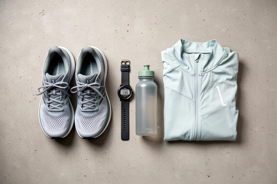 Vue à plat d'équipement de running : chaussures, montre et gourde sur du béton