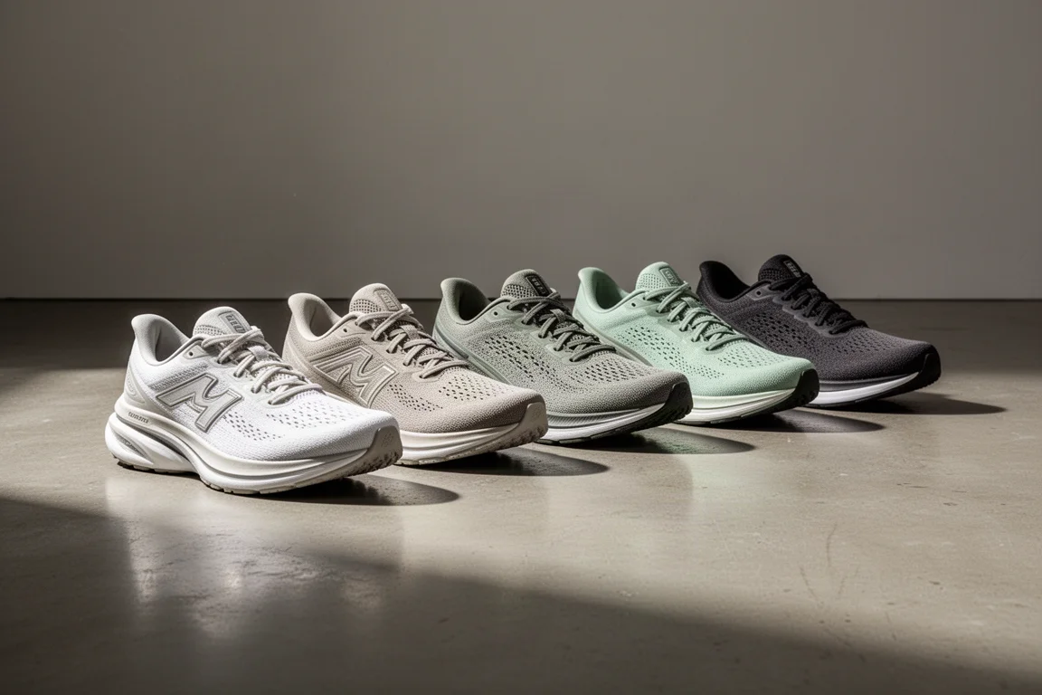 Row of seven plate-free running shoes arranged on a polished concrete floor