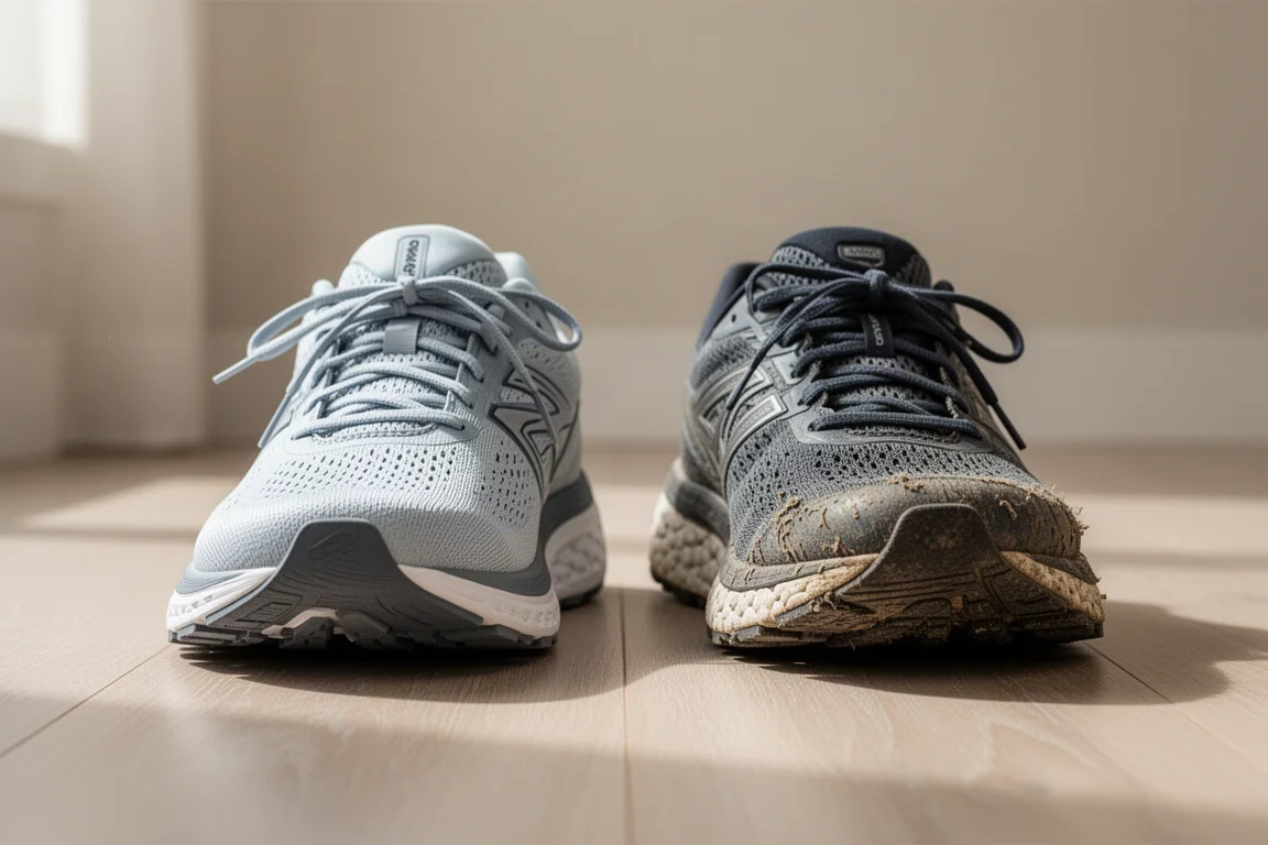 Dwa buty do biegania obok siebie ukazujące różnice w uciśniętej piance