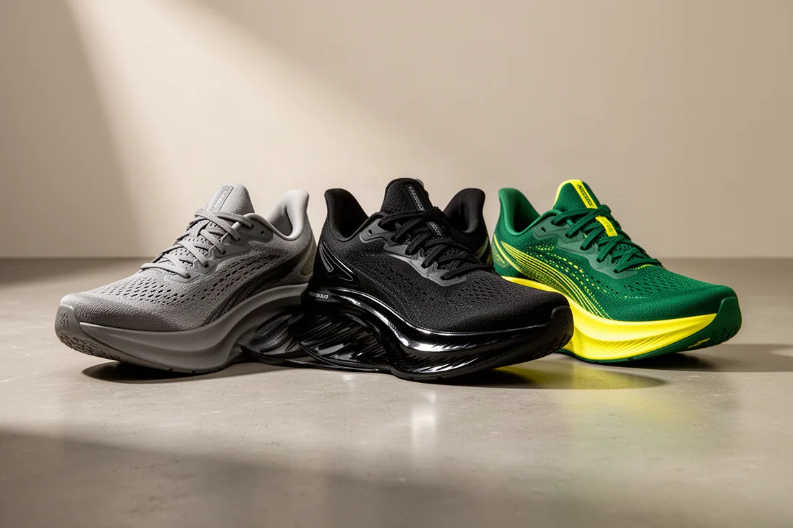 Three plateless super trainer running shoes lined up on a concrete surface