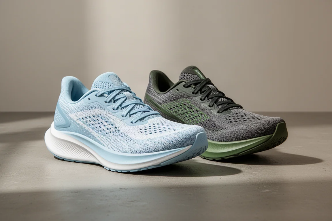 Two non-plated tempo running shoes side by side on a concrete surface