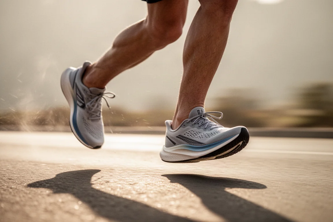 Pieds d'un coureur en trainers légers accélérant sur un revêtement ensoleillé
