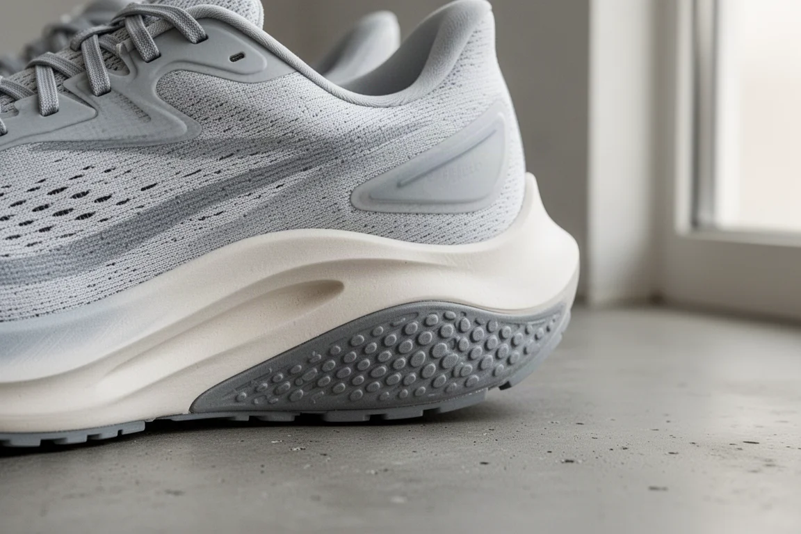 Gros plan sur une semelle intermédiaire en mousse souple et la semelle extérieure flexible d'une chaussure de running
