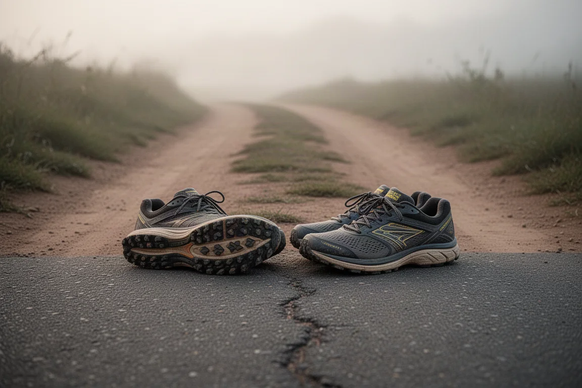 Sentier reliant trail et route à l'aube, avec une paire de chaussures hybrides route-trail posée à côté