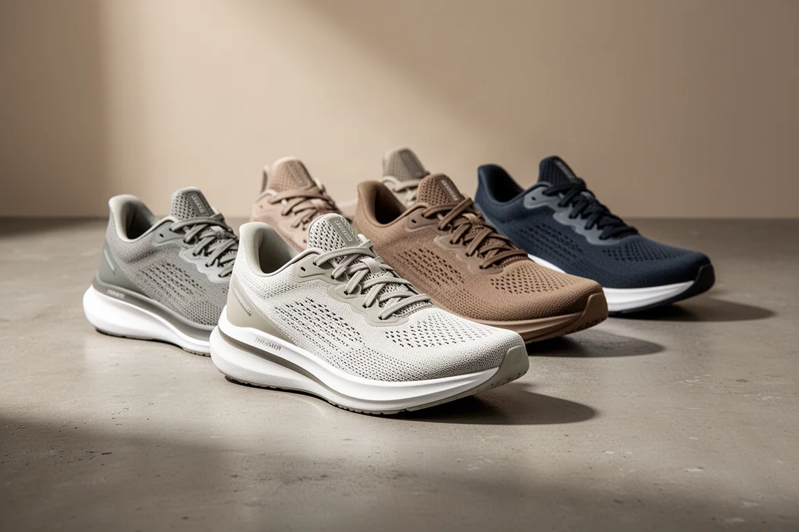 Five lightweight running shoes arranged in a row on a concrete surface