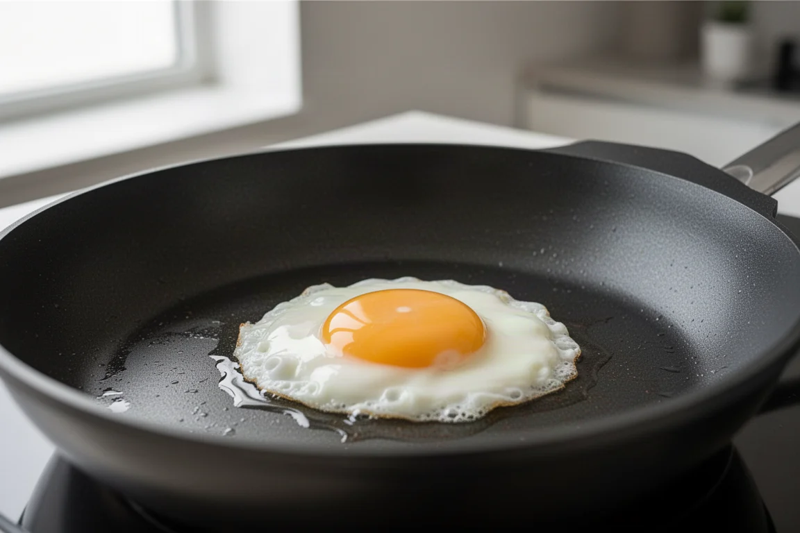 Fried egg sliding freely across a slick non-stick skillet surface