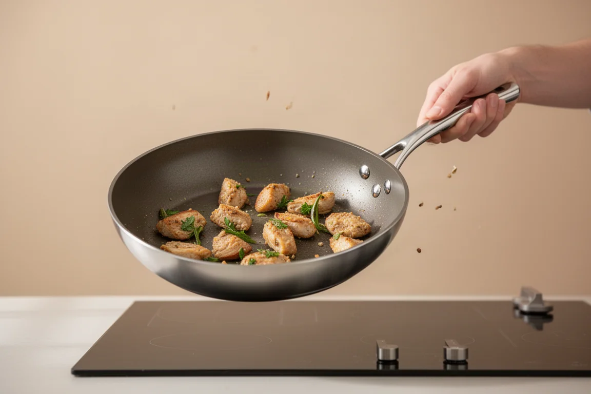 Cooker holding a lightweight non-stick skillet by its stainless steel handle