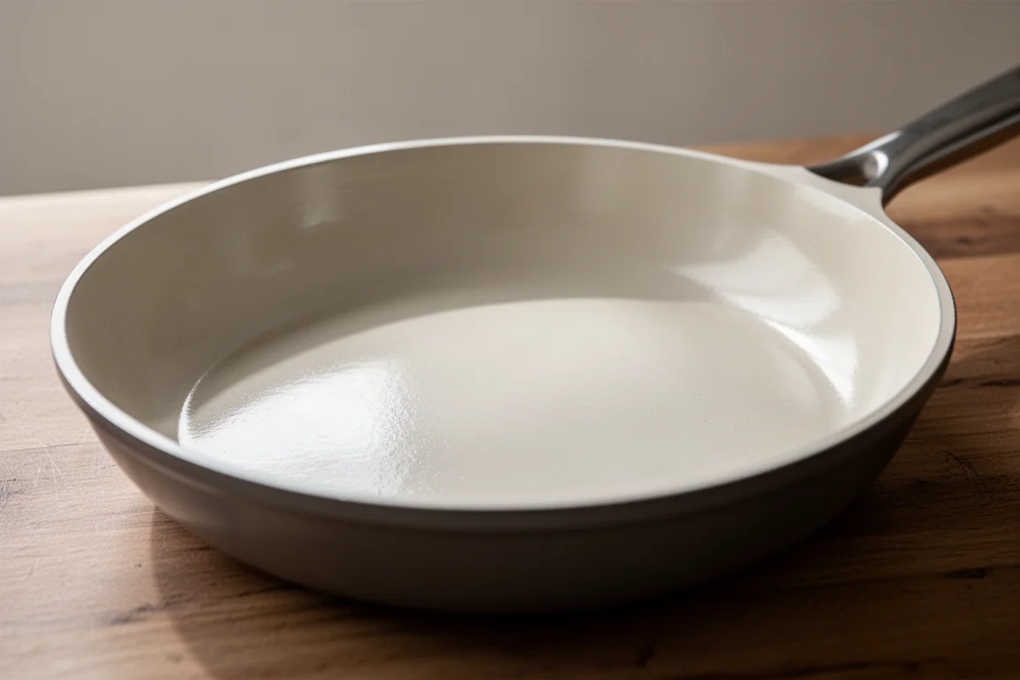 Ceramic-coated skillet interior showing smooth glass-like cooking surface