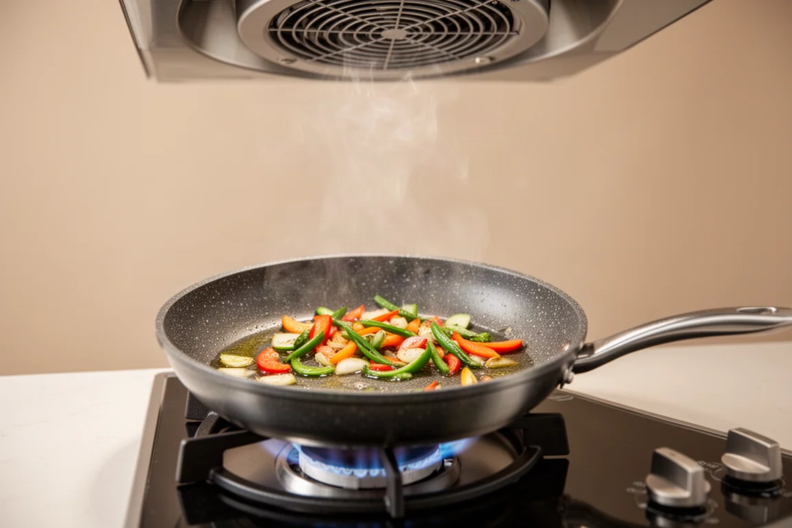 Skillet cooking vegetables over moderate stove heat with range hood above