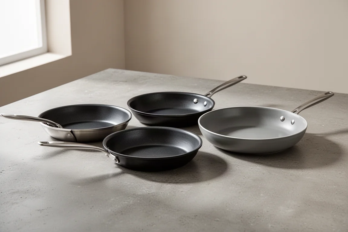 Three traditional non-stick skillets and one ceramic skillet arranged on a concrete counter