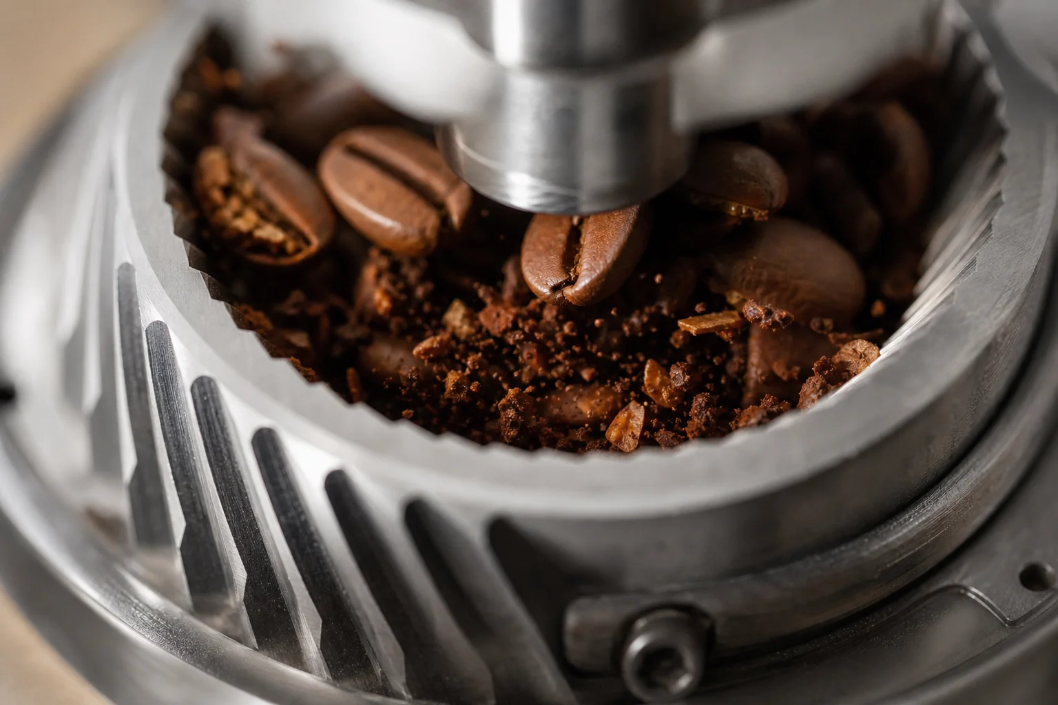 Close-up of stainless steel burrs grinding coffee beans with aromatic grounds