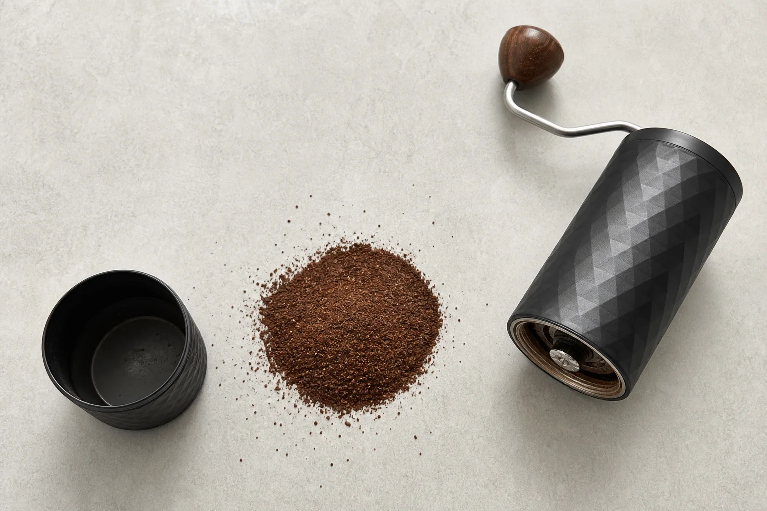 Hand grinder showing consistent particle size of ground coffee in catch cup