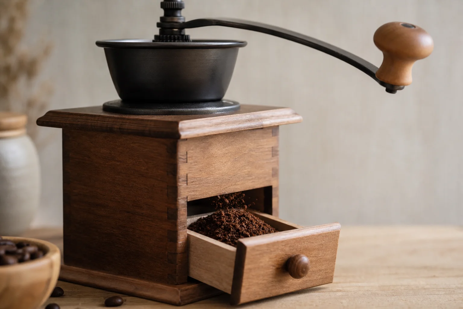 Wooden hand mill with crank in use, fresh grounds falling into base drawer