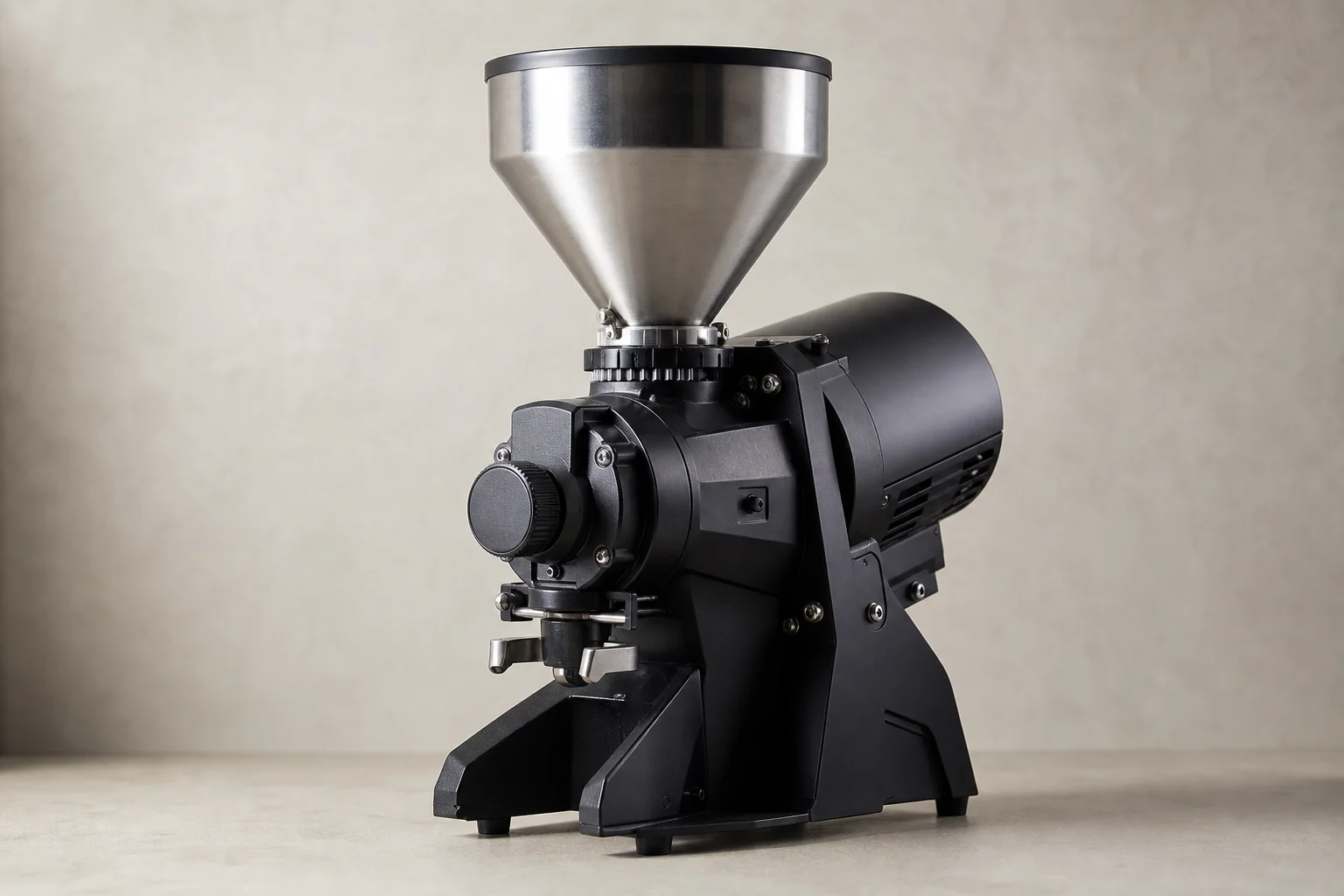 Commercial-grade grinder with large hopper and metal housing for bulk processing