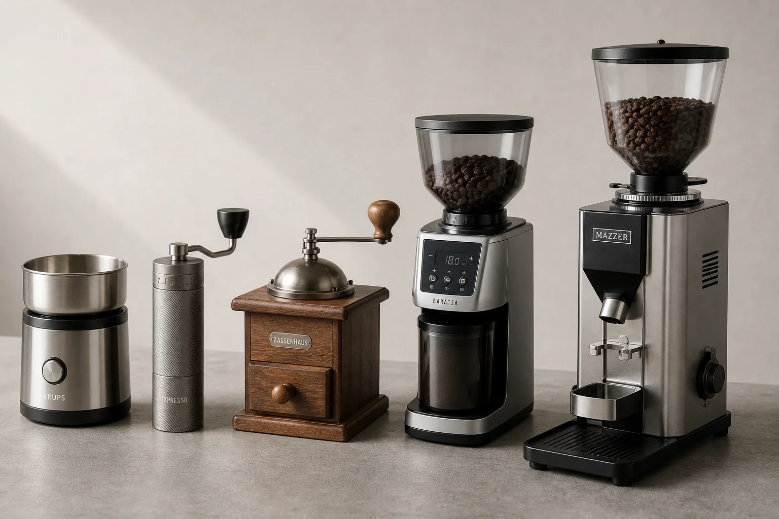 Five coffee grinders from budget electric to commercial bulk models arranged on concrete