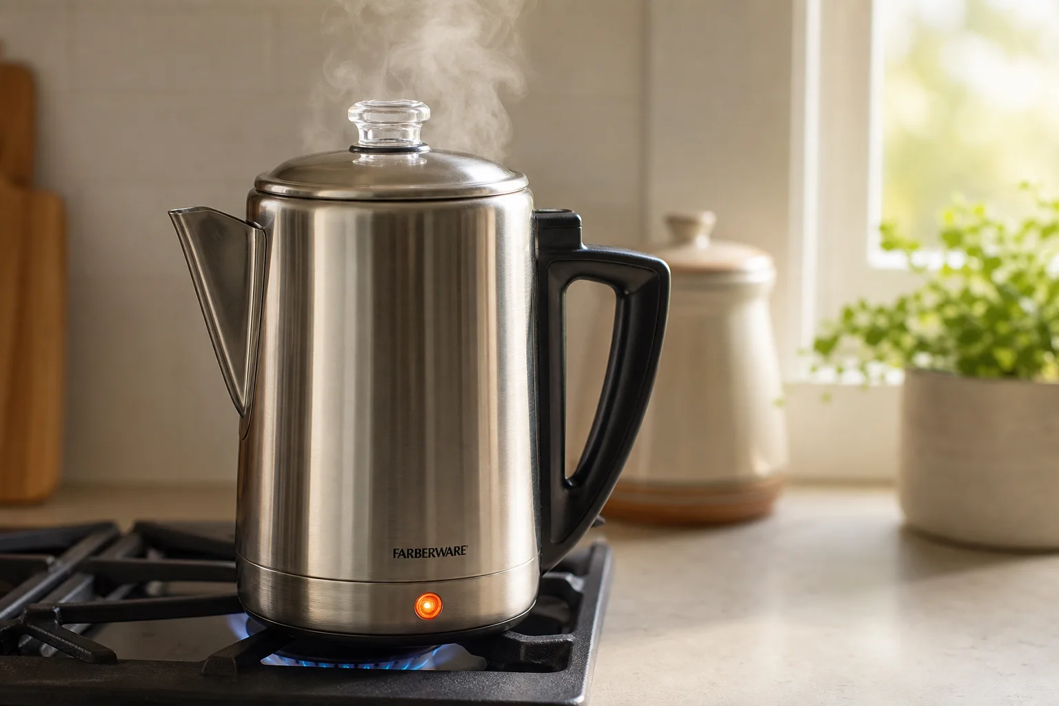 Stainless steel percolator brewing on a kitchen stovetop with steam rising