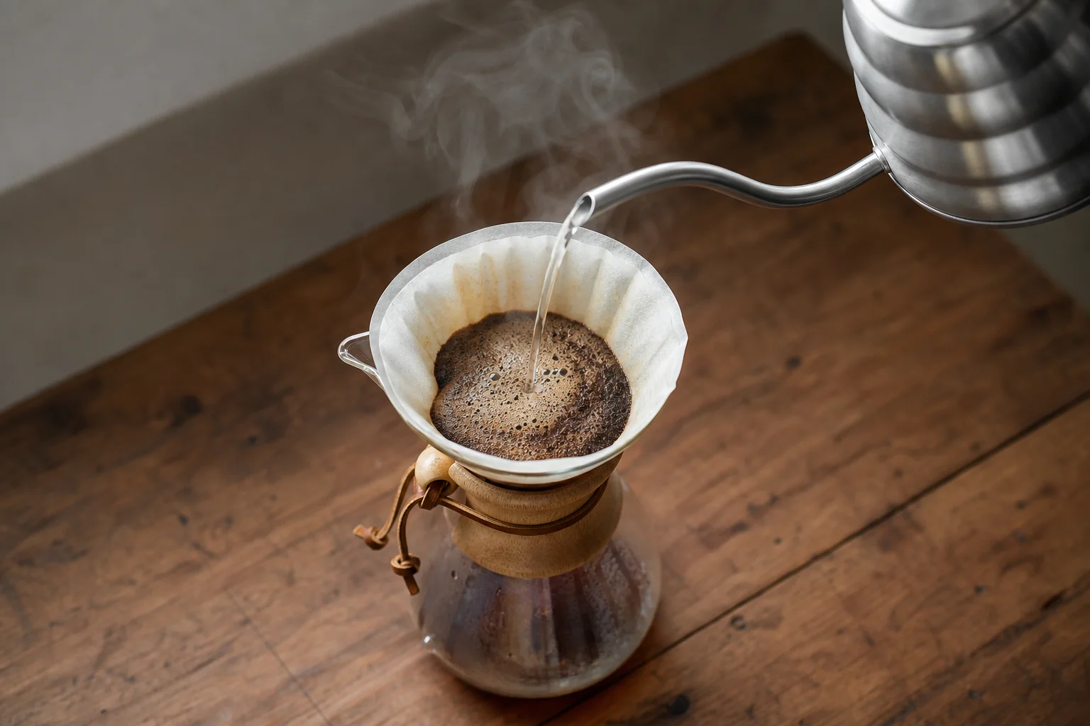 Chemex pour-over with hot water being poured over coffee grounds in filter
