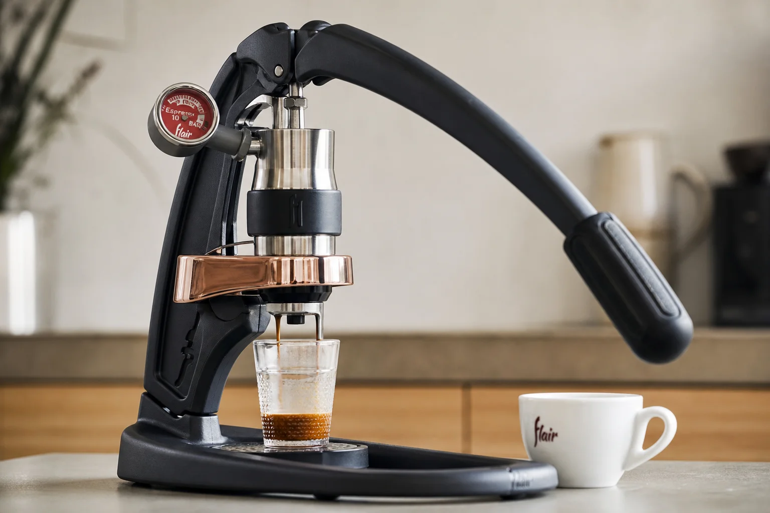 Flair Pro 3 manual espresso maker with pressure gauge on kitchen counter