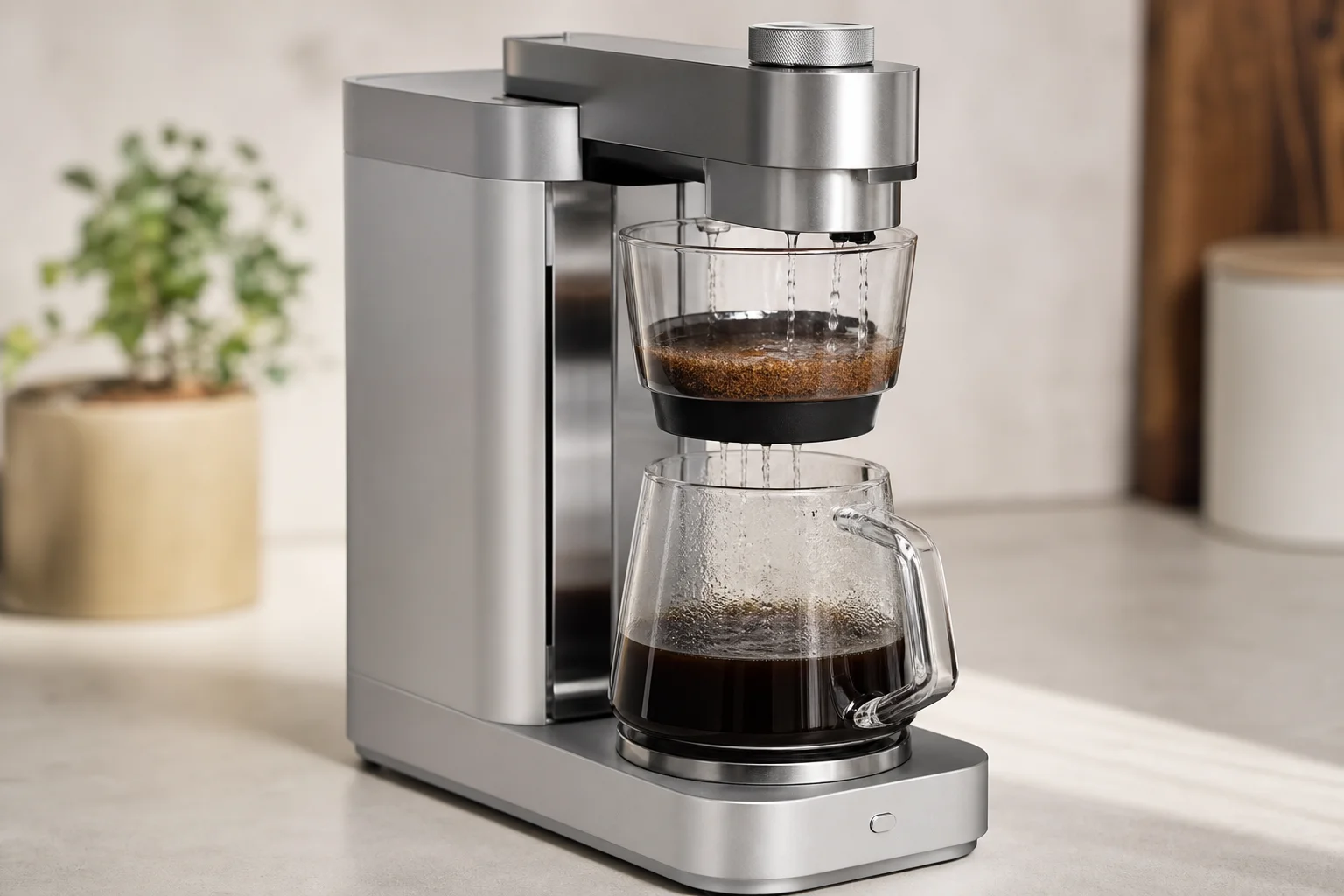 Ratio 8 automated pour-over machine dispensing coffee into a glass carafe
