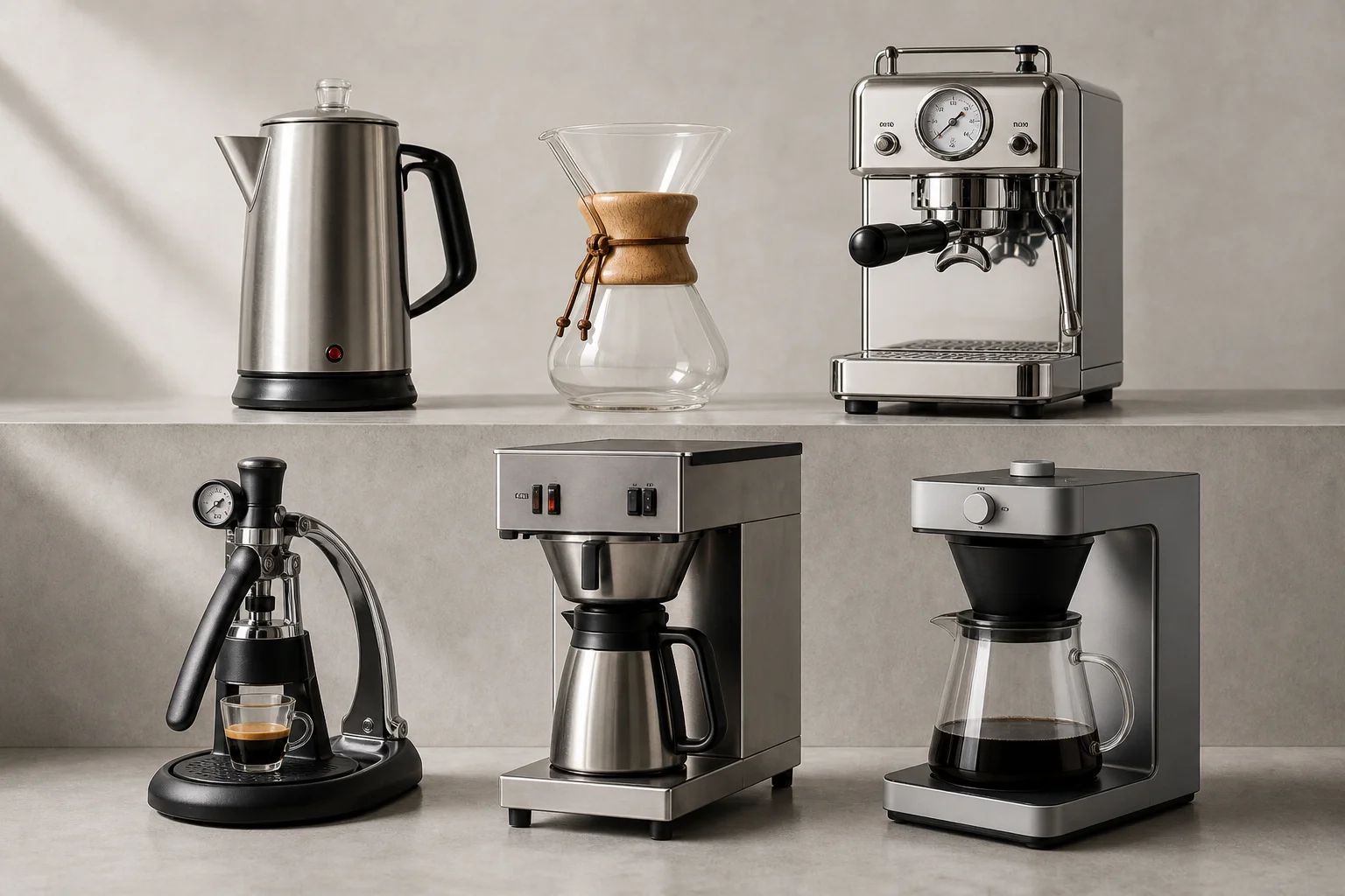 Six non-toxic coffee makers arranged on concrete: percolator, Chemex, La Pavoni, Flair Pro 3, Bunn VP17, and Ratio 8