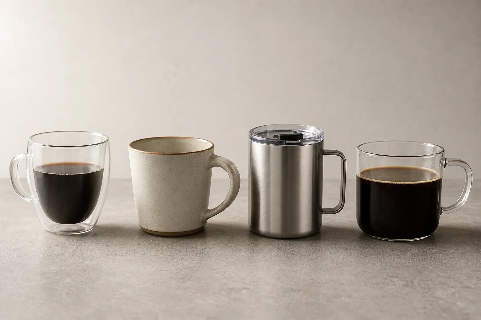 Four non-toxic coffee mugs in glass, ceramic, and stainless steel arranged on concrete
