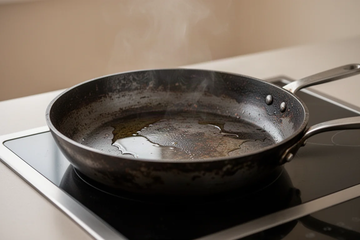 Hands seasoning a carbon steel pan over a stovetop with a light oil sheen