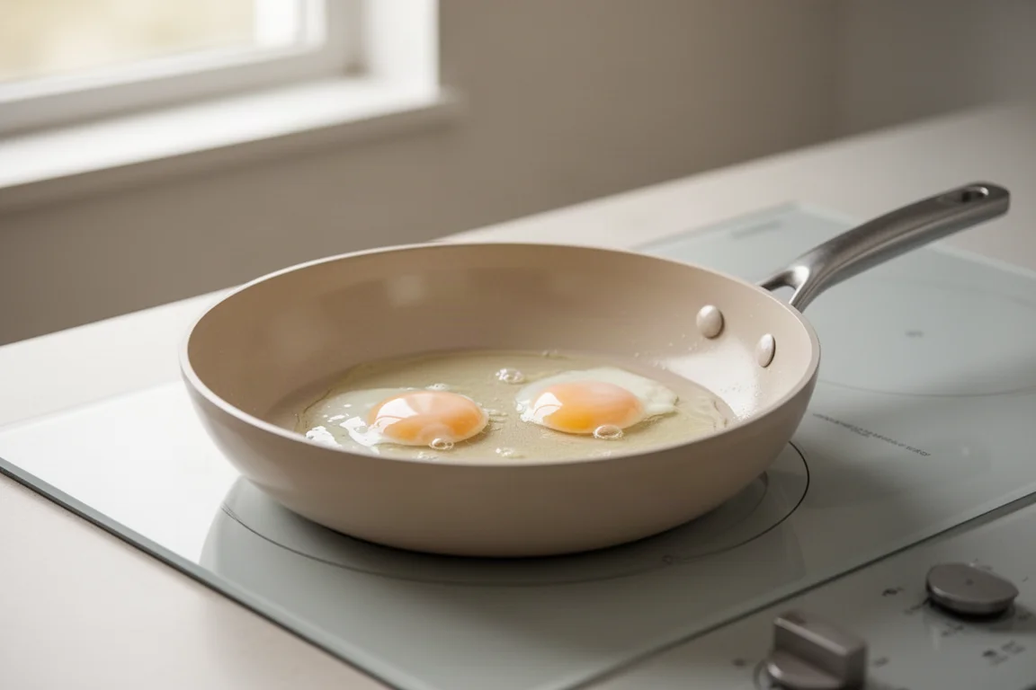 Ceramic-coated non-stick pan with delicate eggs cooking gently over low heat