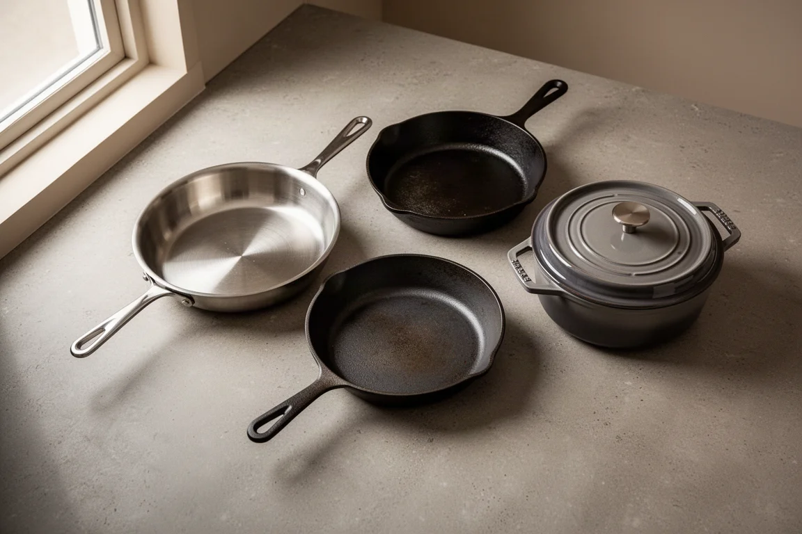 Stainless steel pan, cast iron skillet, carbon steel pan, and enameled Dutch oven arranged on a concrete counter