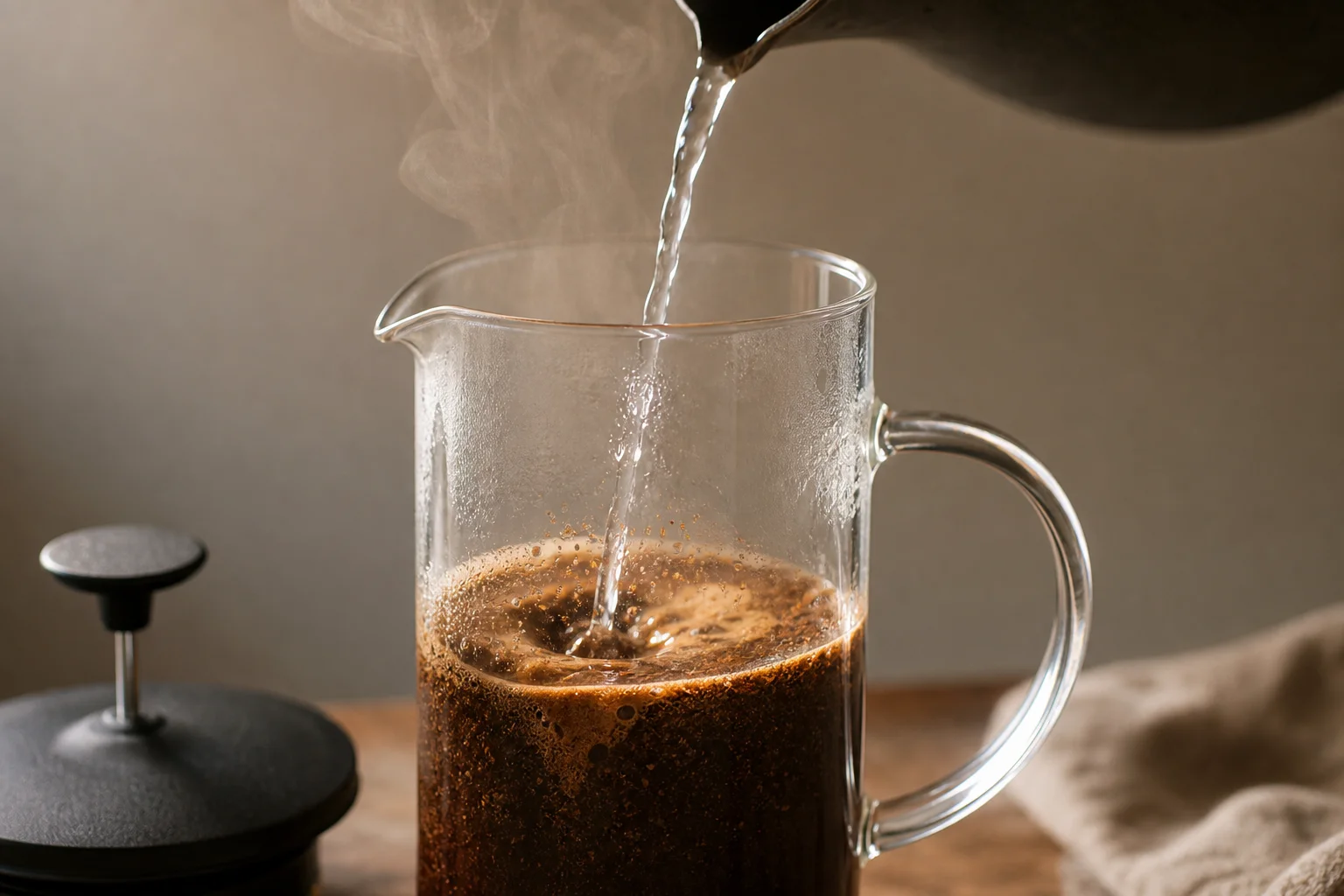 Boiling water being poured into a glass French press carafe with steam rising