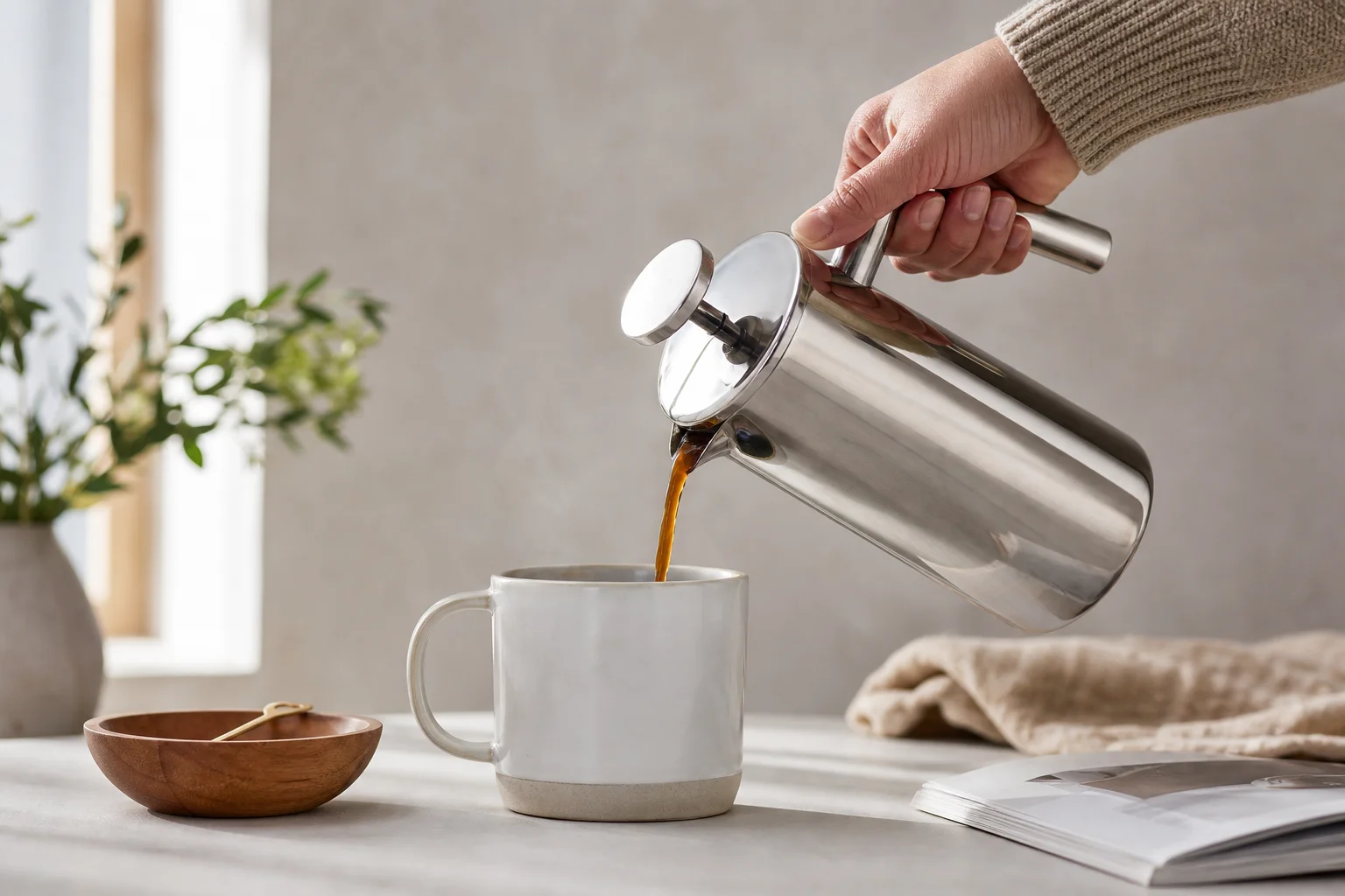 Stainless steel French press being held and poured into a ceramic mug