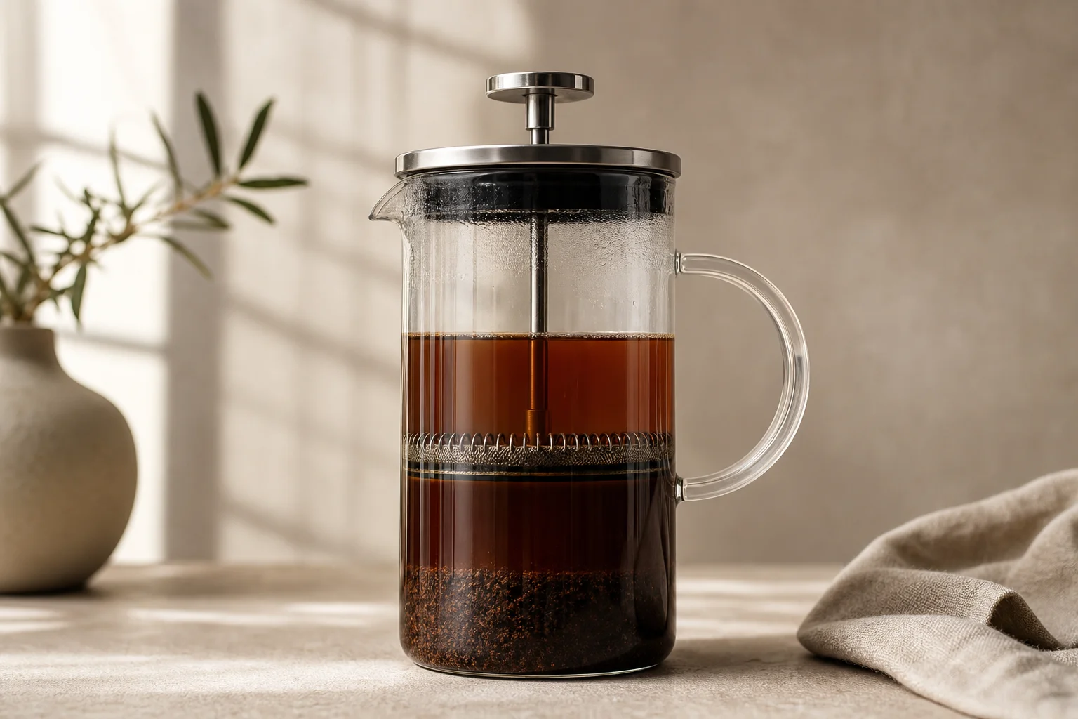 Clear glass French press showing brewing process with deepening coffee color