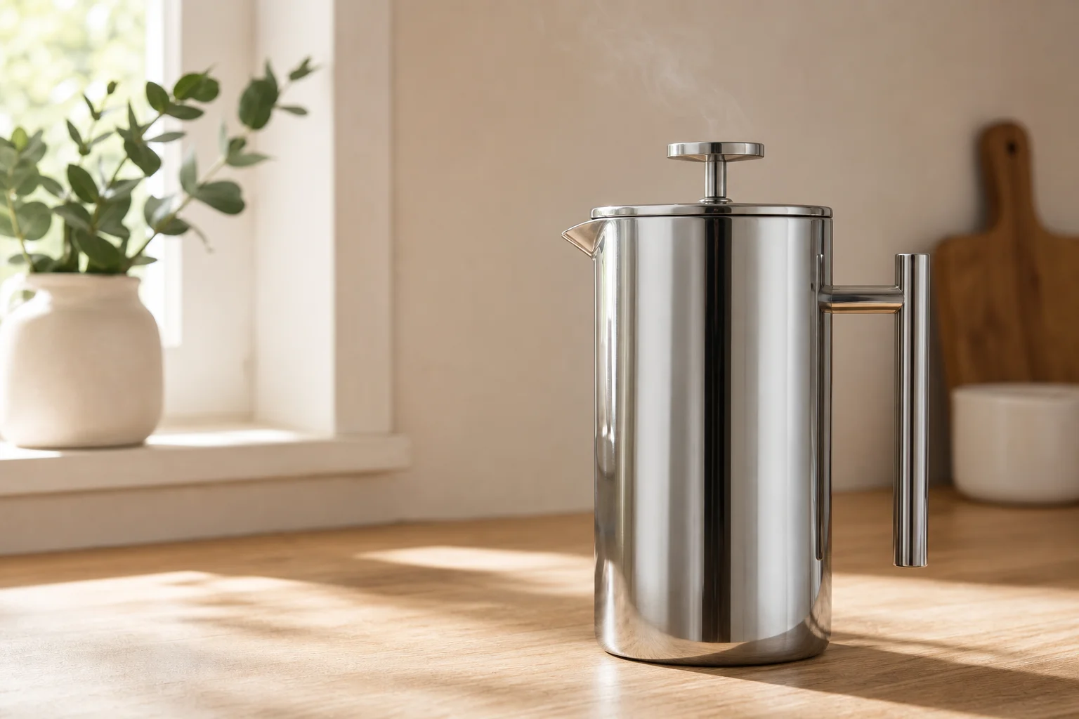 Double-walled stainless steel French press on kitchen counter with steam rising