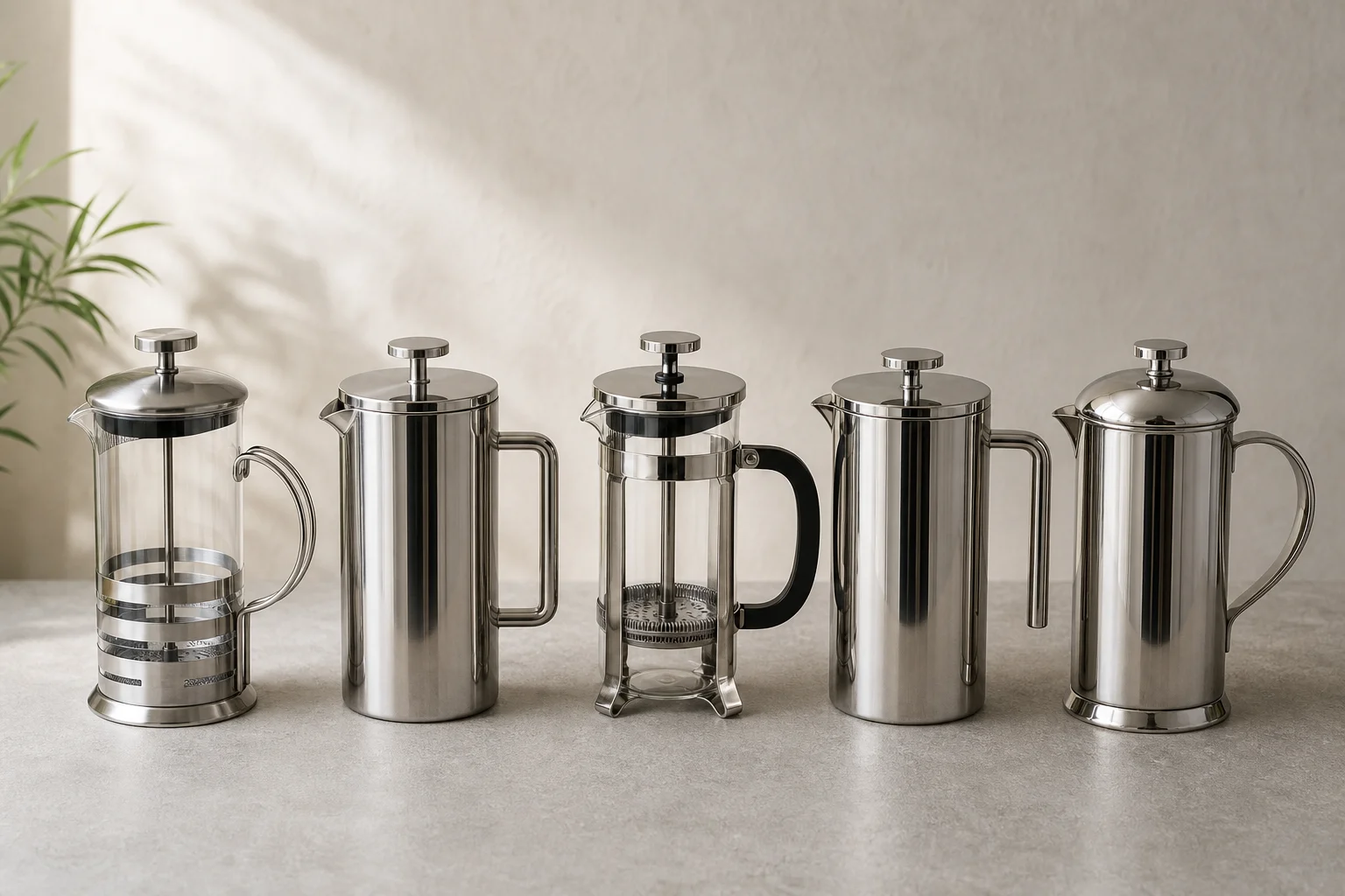Five non-toxic French press coffee makers displayed on concrete surface