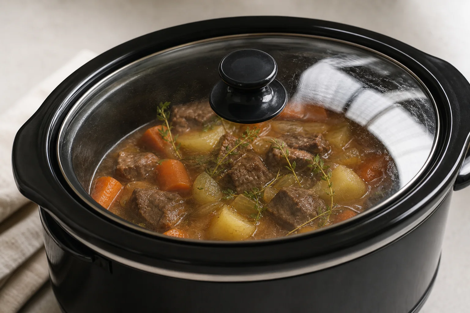 Coperchio in vetro temperato su una slow cooker che mostra il cibo in cottura senza perdita di calore