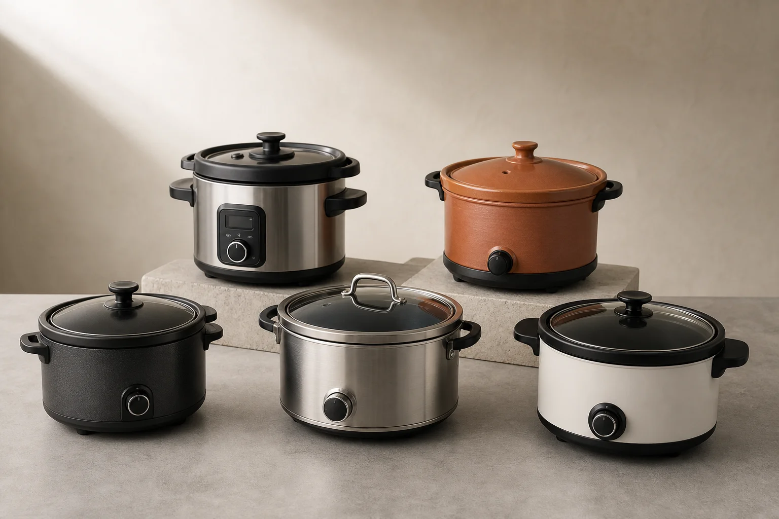 Five non-toxic slow cookers displayed on concrete surface showing variety of designs and materials