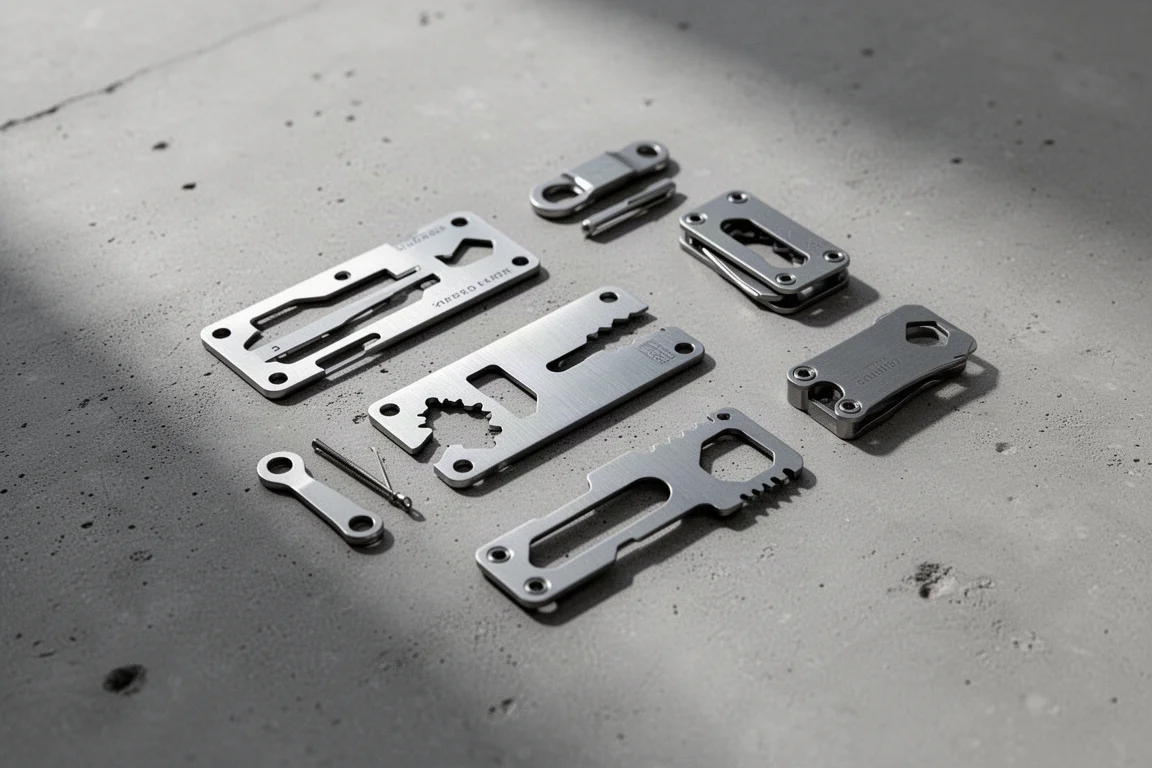 Flache Multitool-Karten aus Metall, angeordnet auf einer Betondesk-Oberfläche