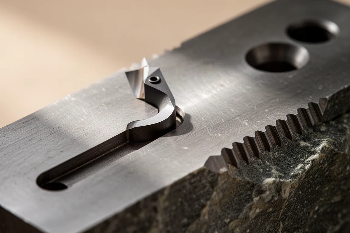 Nahaufnahme einer gezackten Kante und eines Hakenschneiders an einem Metall-Notfallwerkzeug