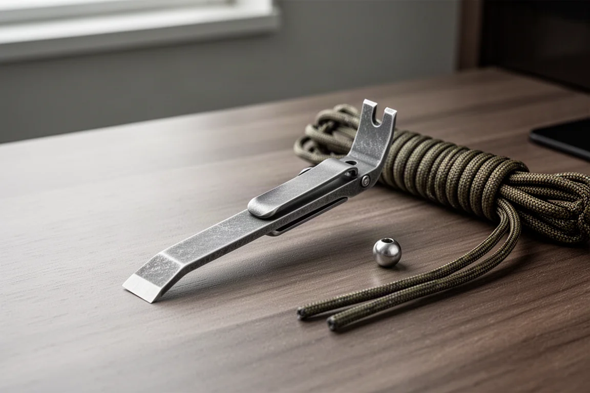 Kompakter Titanium-Hebel mit Taschenclip, liegend auf einem Holztisch