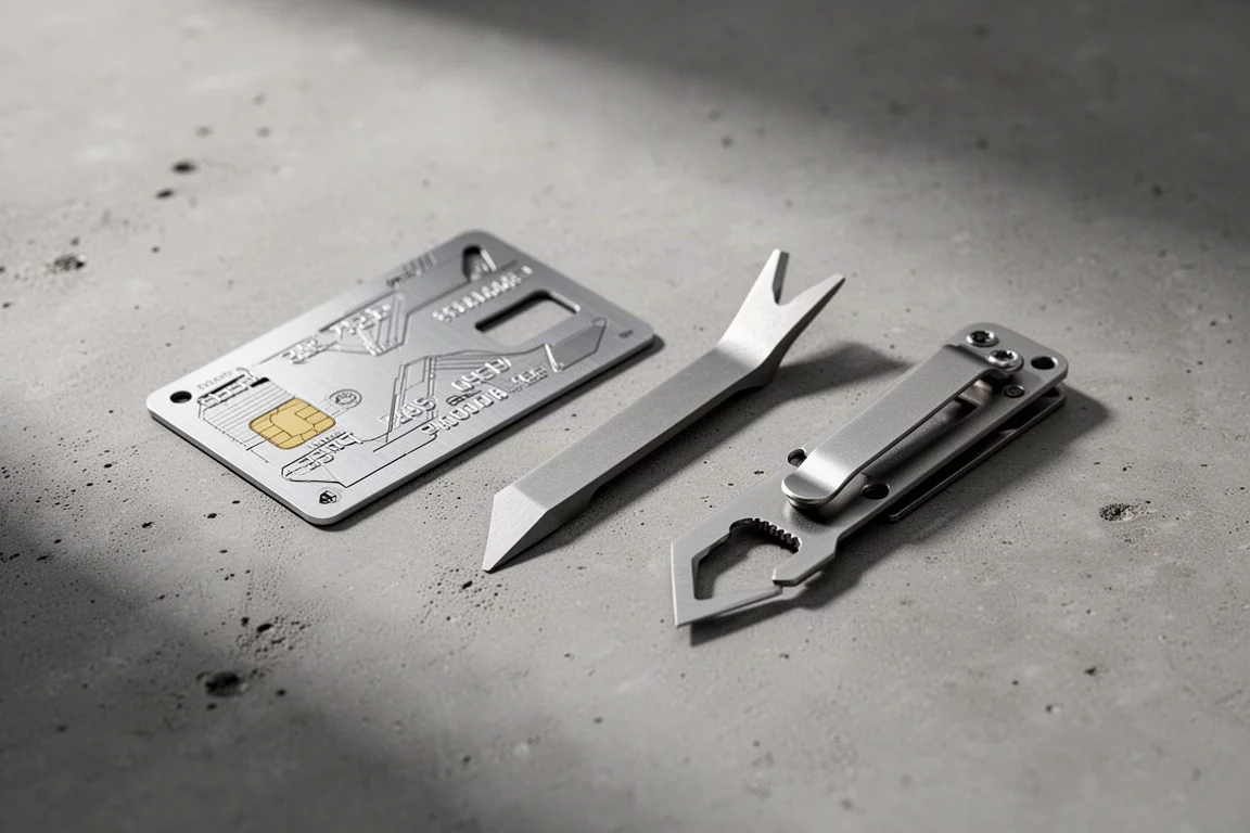 Three compact multi-tools arranged on a concrete surface