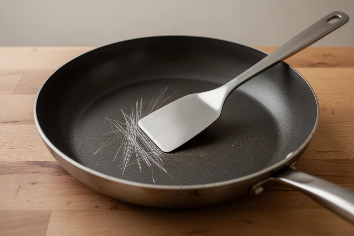 Metallwender kratzt über die Oberfläche einer Bratpfanne während eines Haltbarkeitstests
