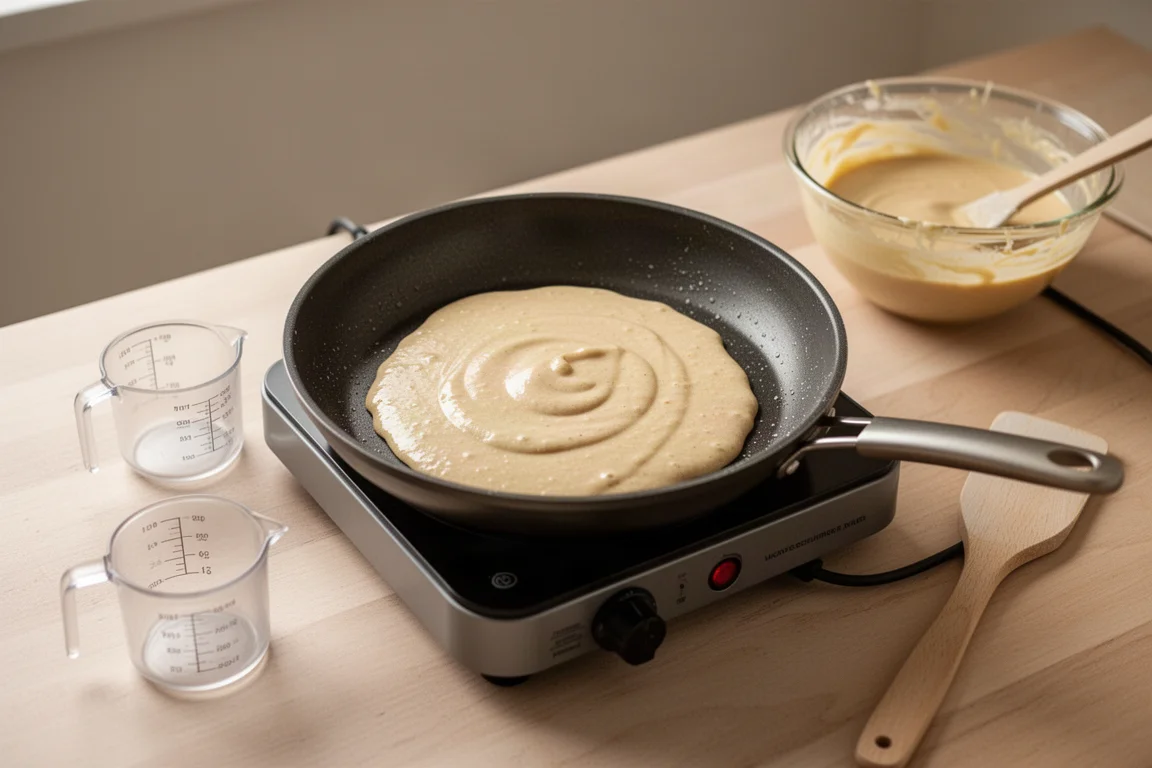 Pâte à crêpes cuisant dans une poêle sur une plaque chauffante dans une cuisine lumineuse