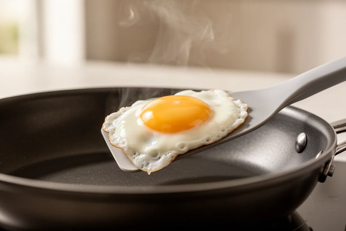 Œuf au plat se détachant proprement du bord d'une poêle antiadhésive